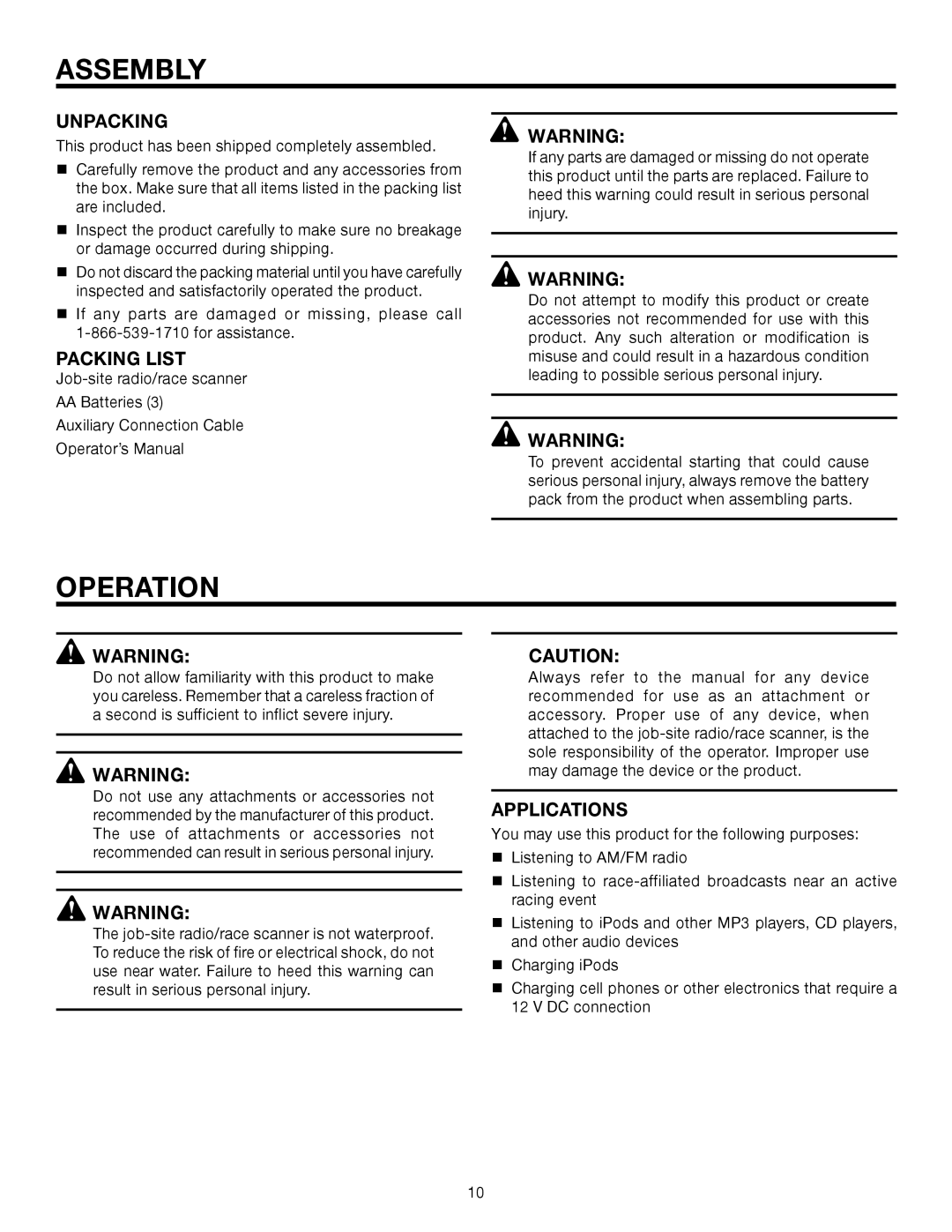 RIDGID R8408 manual Assembly, Operation, Unpacking, Packing List, Applications 