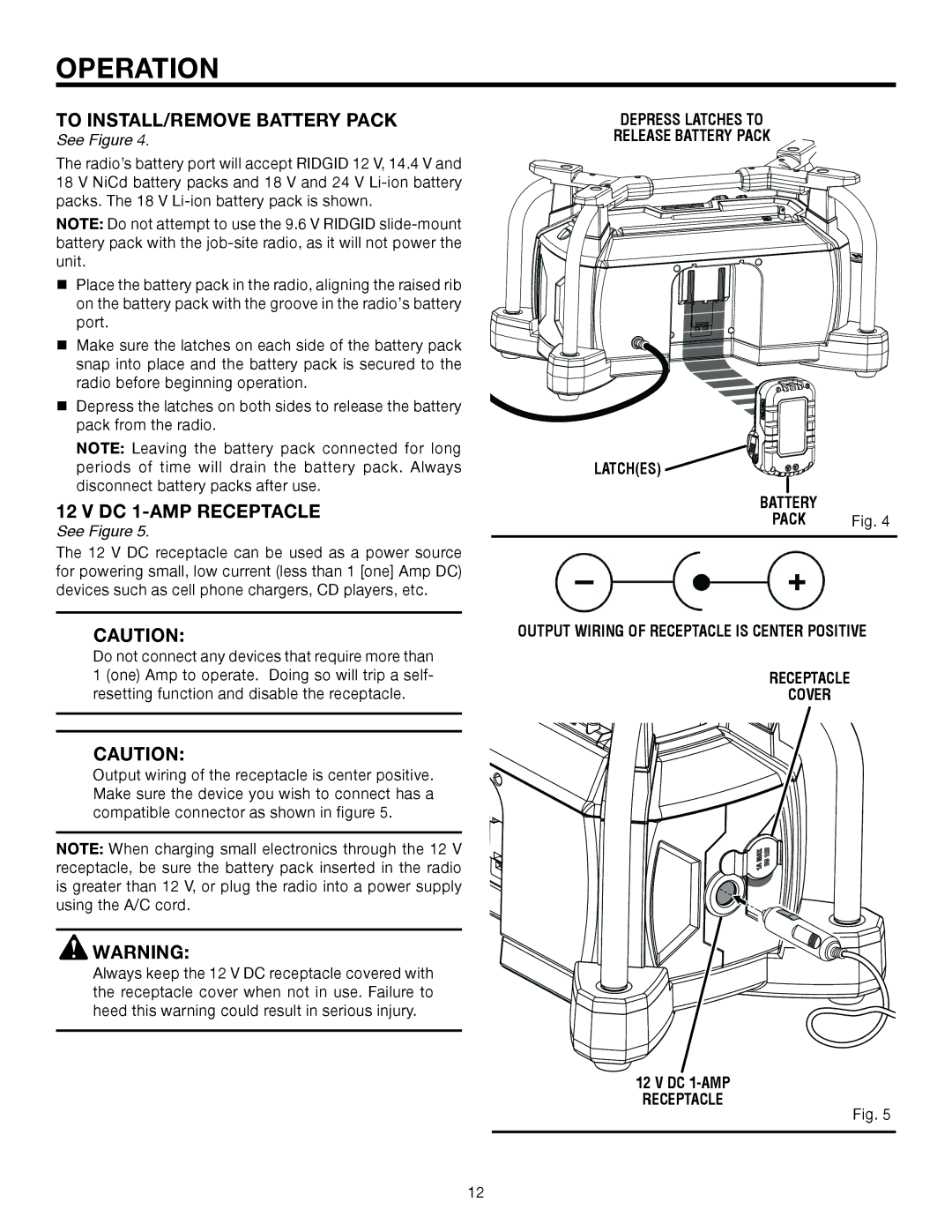 RIDGID R8408 manual To INSTALL/remove Battery Pack, Latches, Dc 1-amp Receptacle 