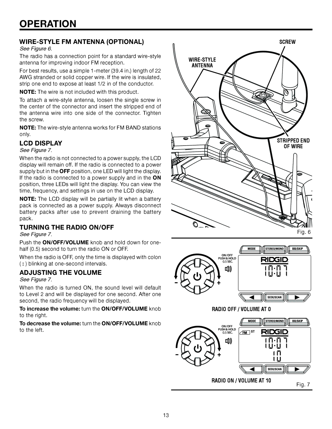 RIDGID R8408 manual WIRE-STYLE FM Antenna Optional, LCD display, Turning the radio on/off, Adjusting the volume 