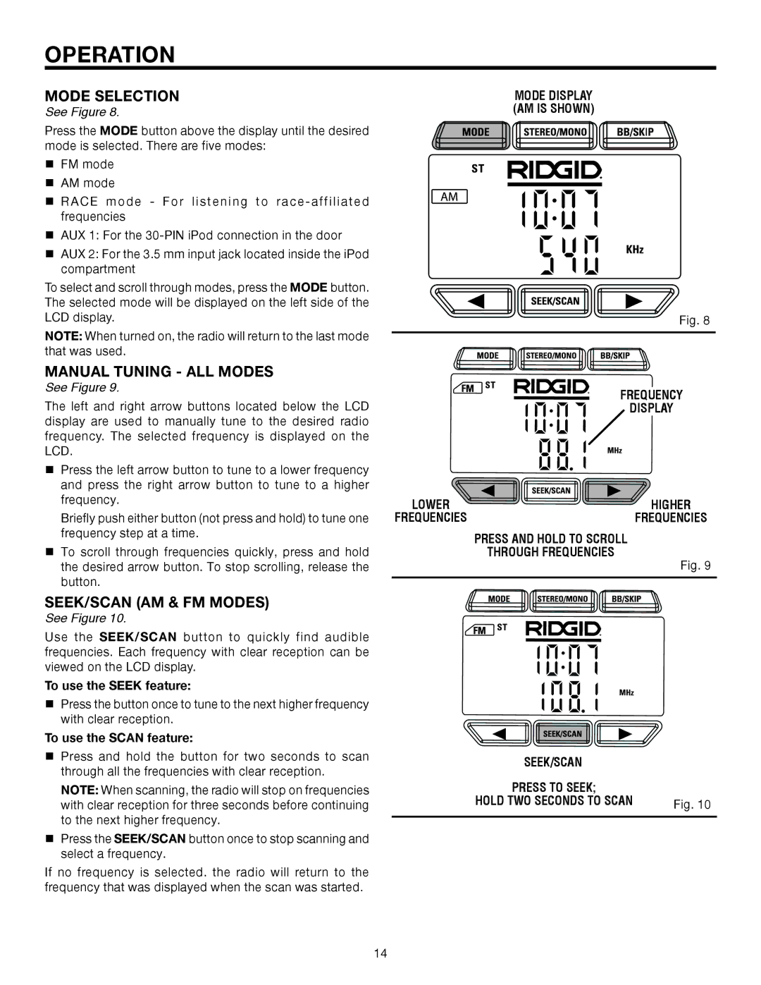 RIDGID R8408 manual Mode Selection, Manual tuning all modes, Seek/scan AM & FM Modes 