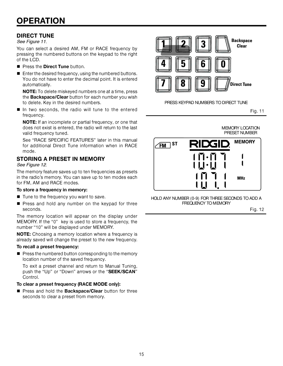 RIDGID R8408 manual Direct tune, Storing a preset in Memory 