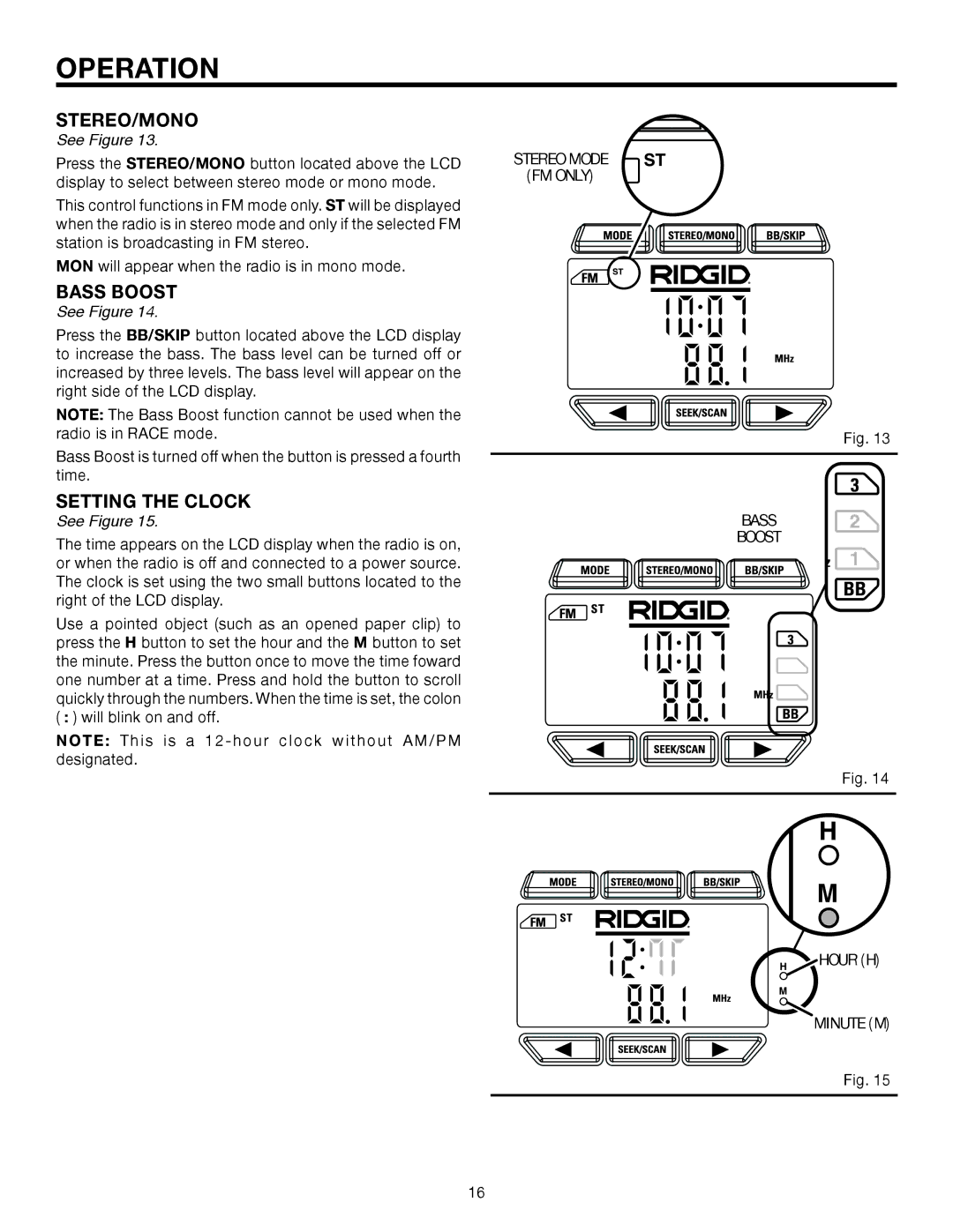 RIDGID R8408 manual Stereo/mono, Bass boost, Setting the clock, Fm only Bass Boost Hour h Minute m 