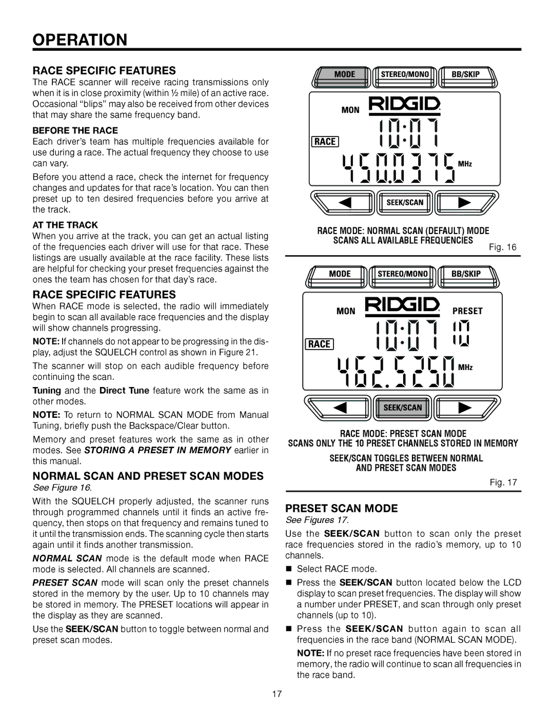 RIDGID R8408 manual Race Specific Features, Normal Scan and Preset Scan Modes 