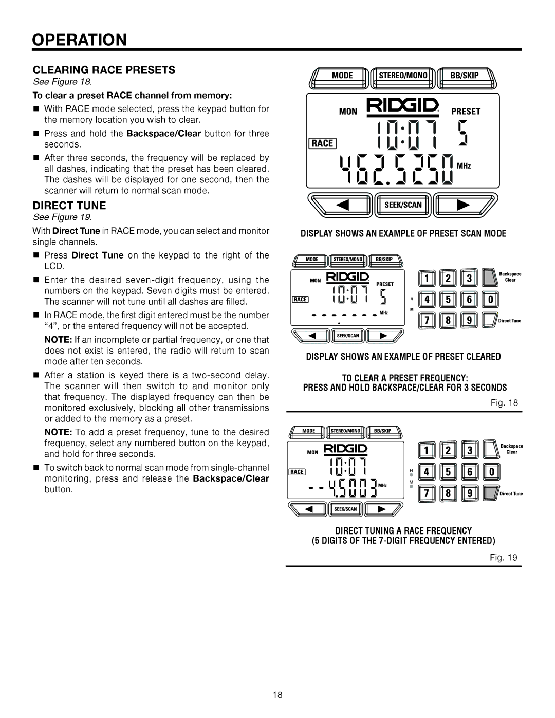 RIDGID R8408 manual Clearing Race Presets, To clear a preset Race channel from memory 