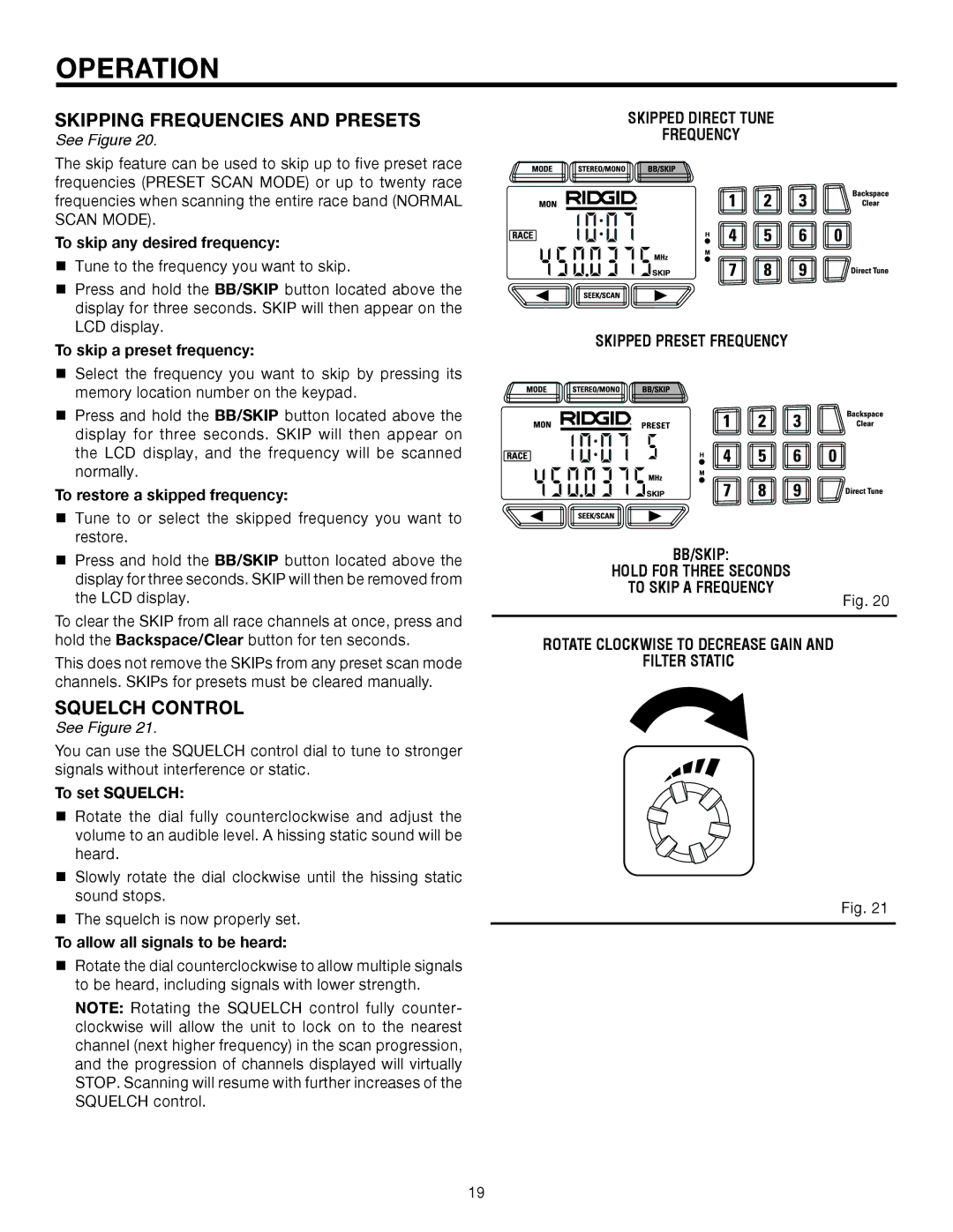 RIDGID R8408 manual Skipping Frequencies and Presets, Squelch control 