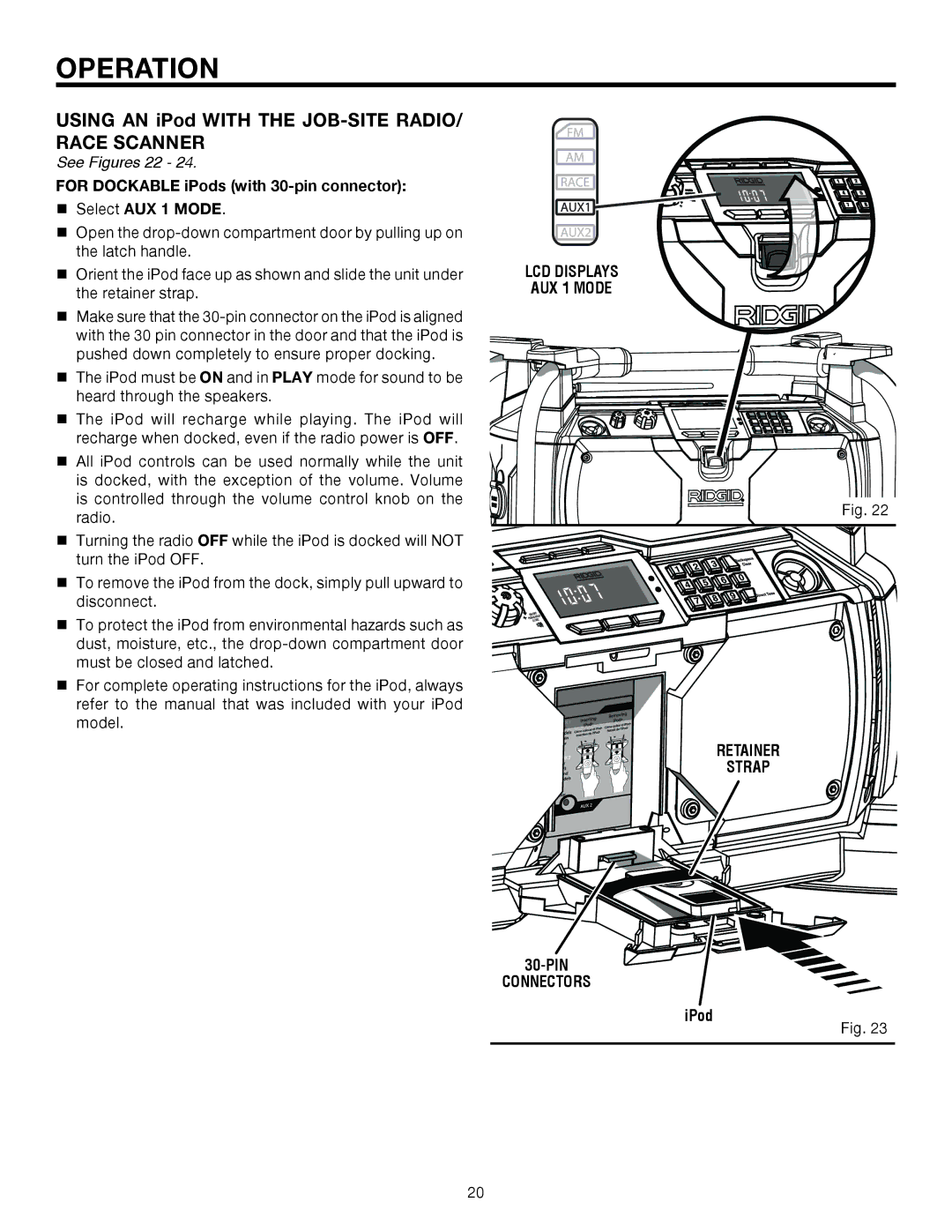 RIDGID R8408 manual Using AN iPod with the Job-site radio/ race scanner, pin Connectors IPod 