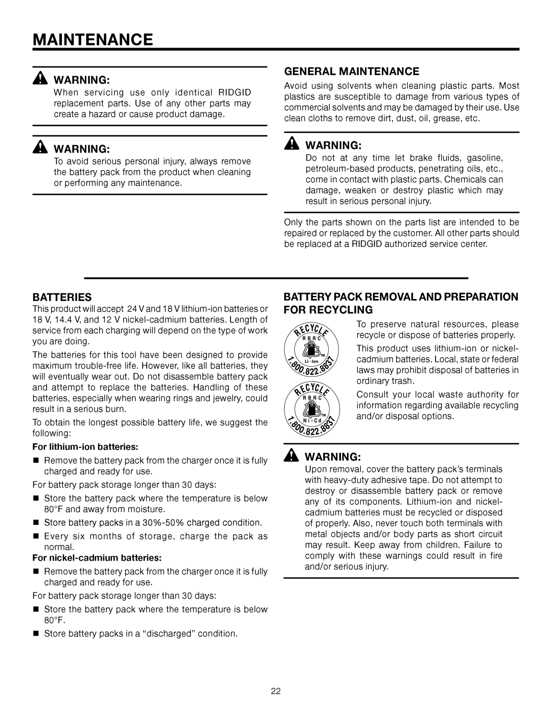 RIDGID R8408 manual General Maintenance, Batteries, Battery Pack Removal and Preparation for Recycling 