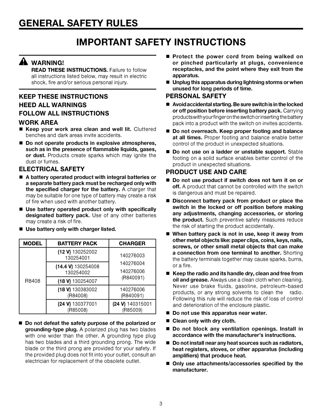 RIDGID R8408 manual General Safety Rules Important Safety Instructions, Heed ALL Warnings Follow ALL Instructions 