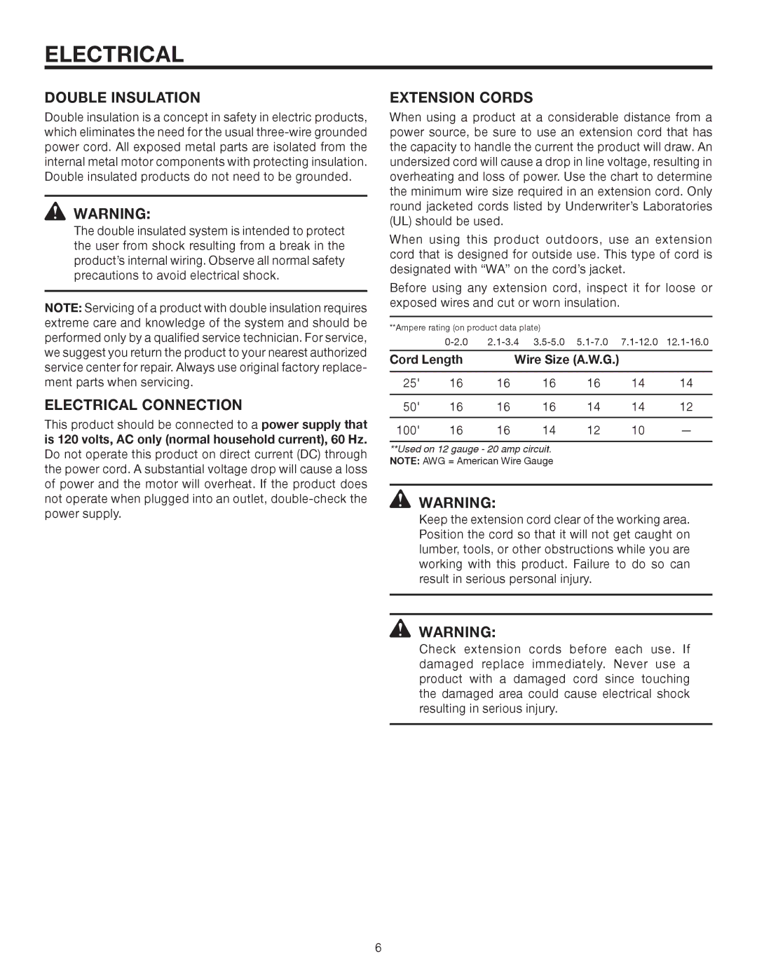 RIDGID R8408 manual Double Insulation, Electrical Connection, Extension Cords, Cord Length Wire Size A.W.G 