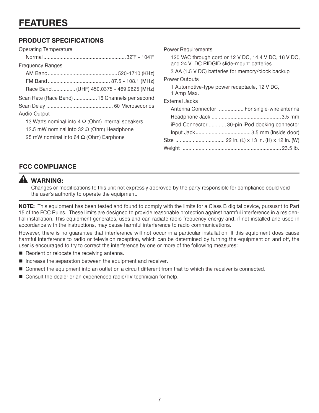 RIDGID R8408 manual Features, Product Specifications, FCC Compliance 