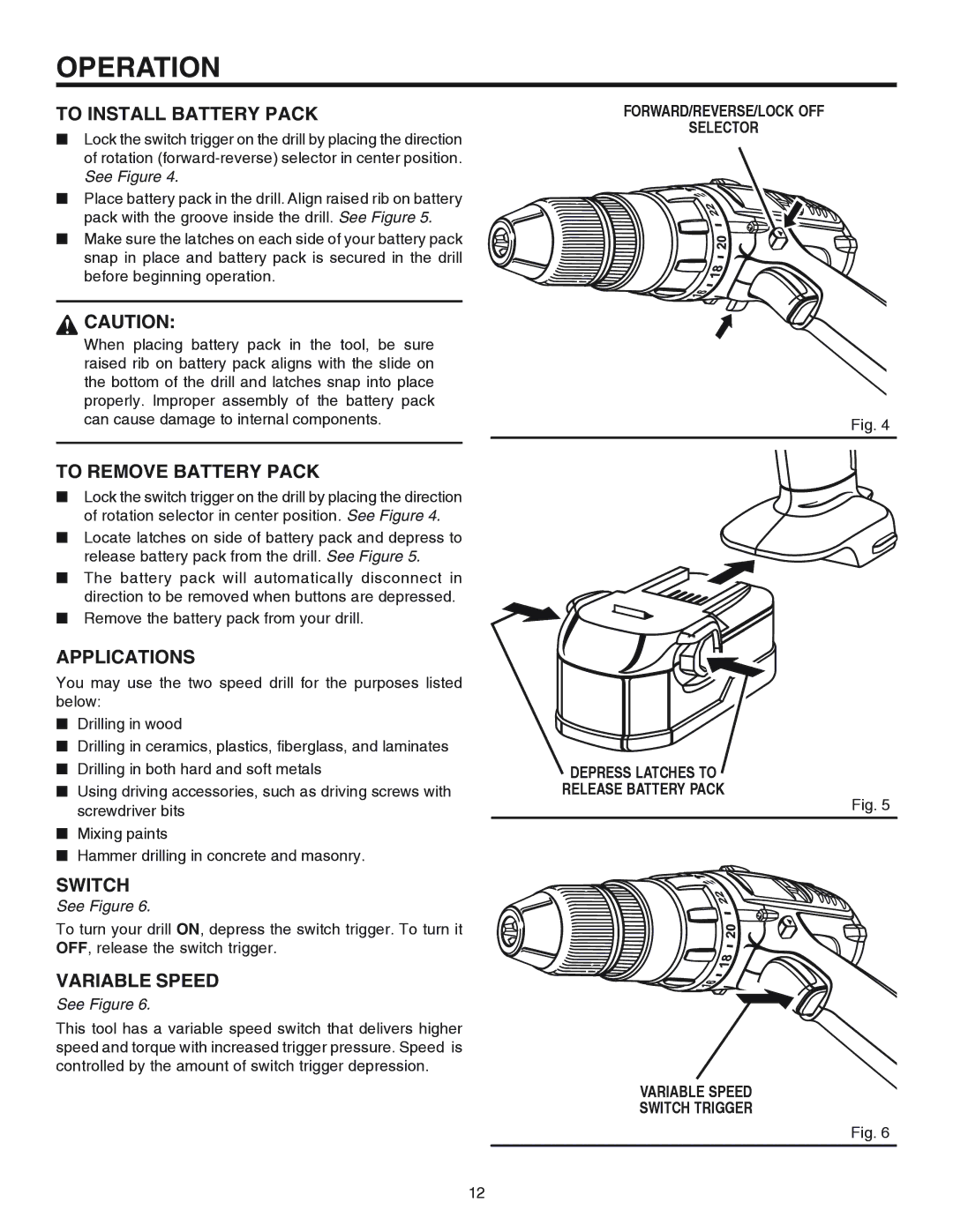 RIDGID R841150 manual To Install Battery Pack, To Remove Battery Pack, Applications, Variable Speed 