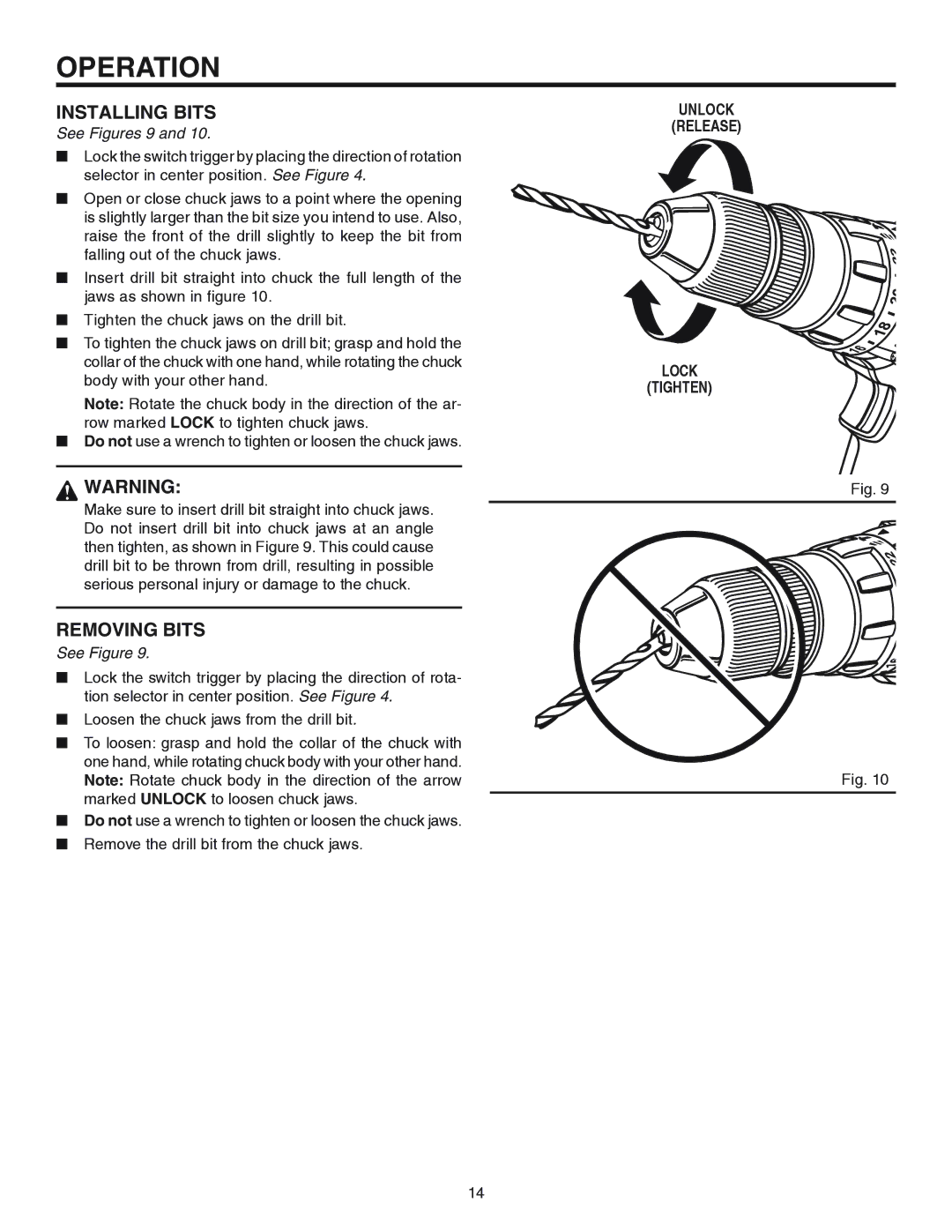 RIDGID R841150 manual Installing Bits, Removing Bits, Unlock Release Lock Tighten 