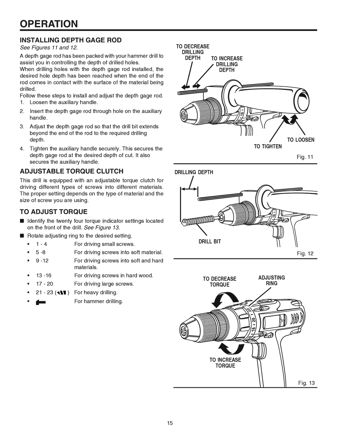 RIDGID R841150 manual Installing Depth Gage ROD, Adjustable Torque Clutch, To Adjust Torque, To Increase Torque 