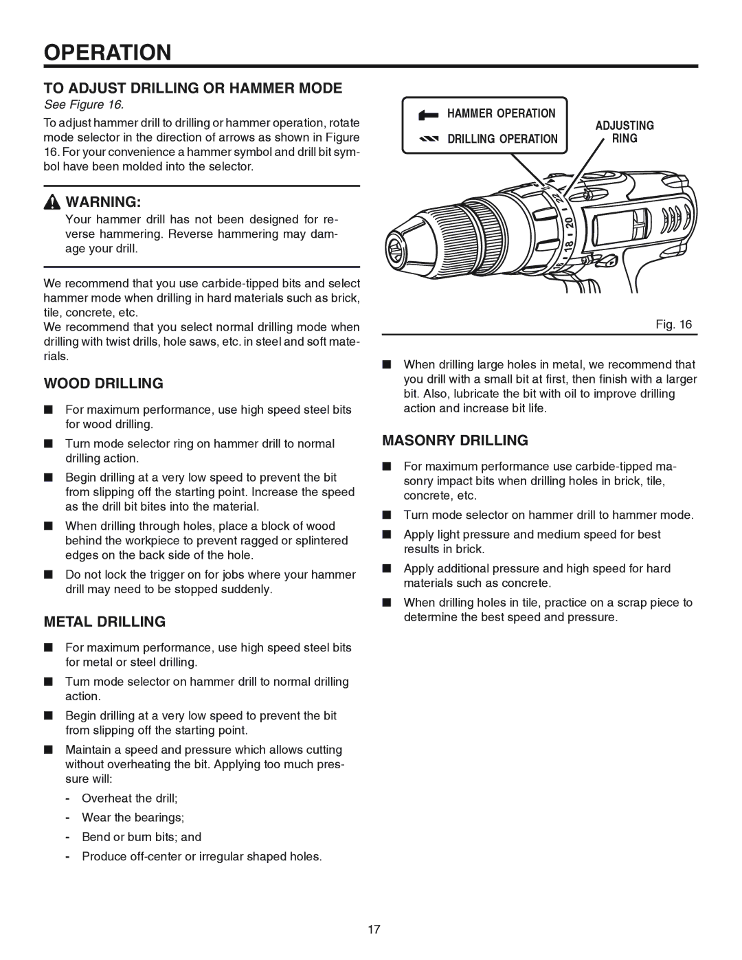 RIDGID R841150 manual To Adjust Drilling or Hammer Mode, Wood Drilling, Metal Drilling, Masonry Drilling 