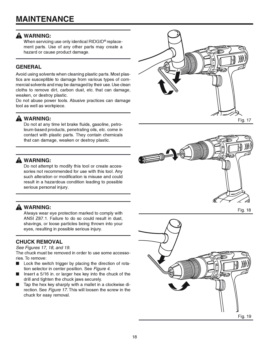 RIDGID R841150 manual Maintenance, General, Chuck Removal 