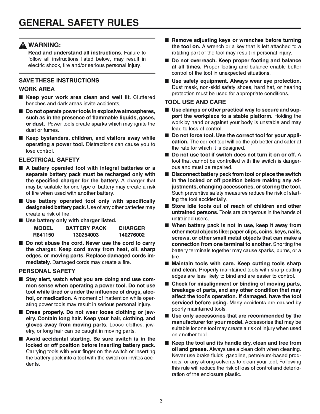 RIDGID R841150 manual General Safety Rules, Model Battery Pack Charger 