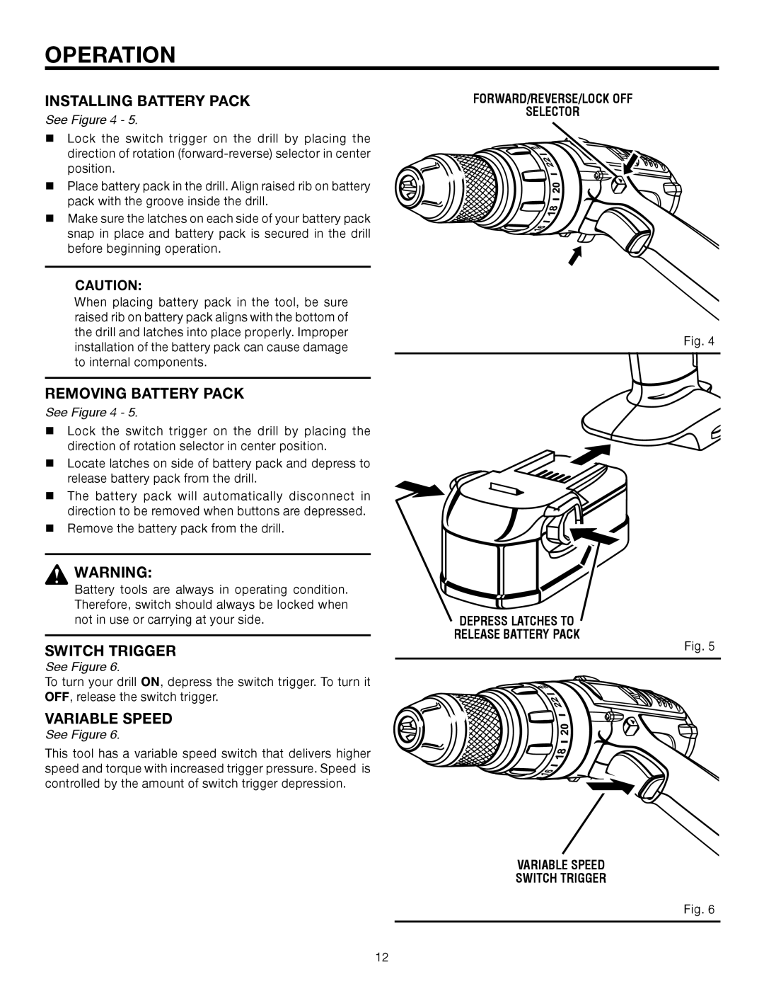 RIDGID R8411501 manual Installing Battery Pack, Removing Battery Pack, Variable Speed 