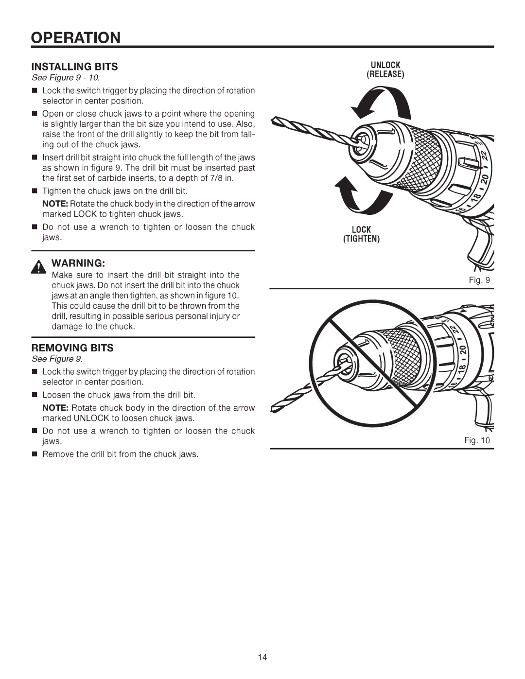 RIDGID R8411501 manual Installing Bits, Removing Bits, Unlock Release Lock Tighten 