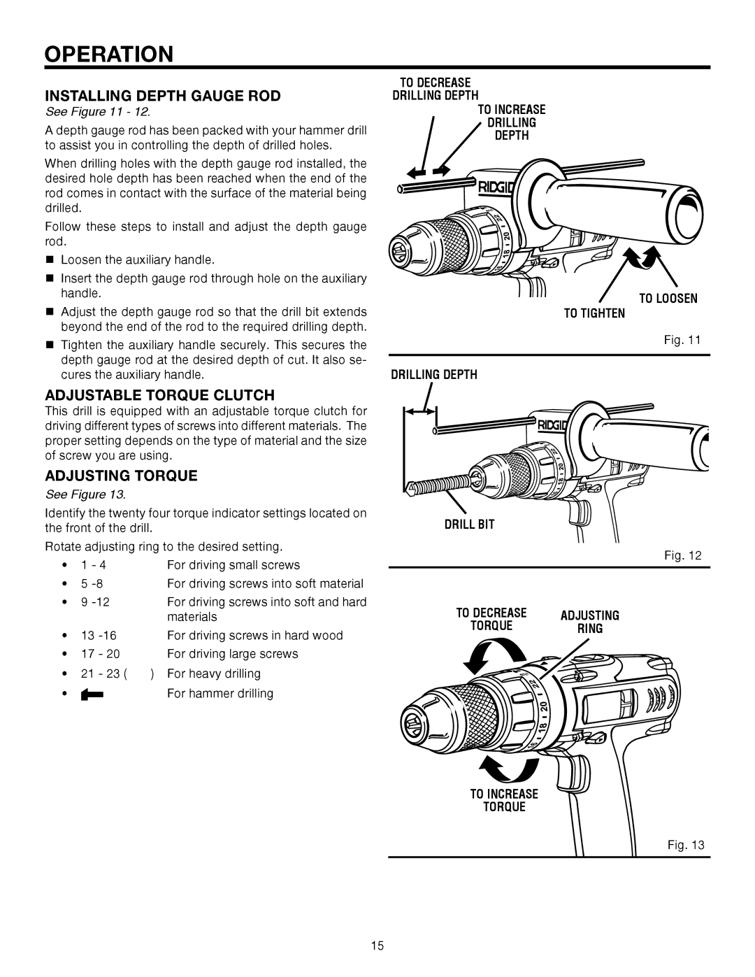 RIDGID R8411501 manual Installing Depth Gauge ROD, Adjustable Torque Clutch, Adjusting Torque, To Increase Torque 