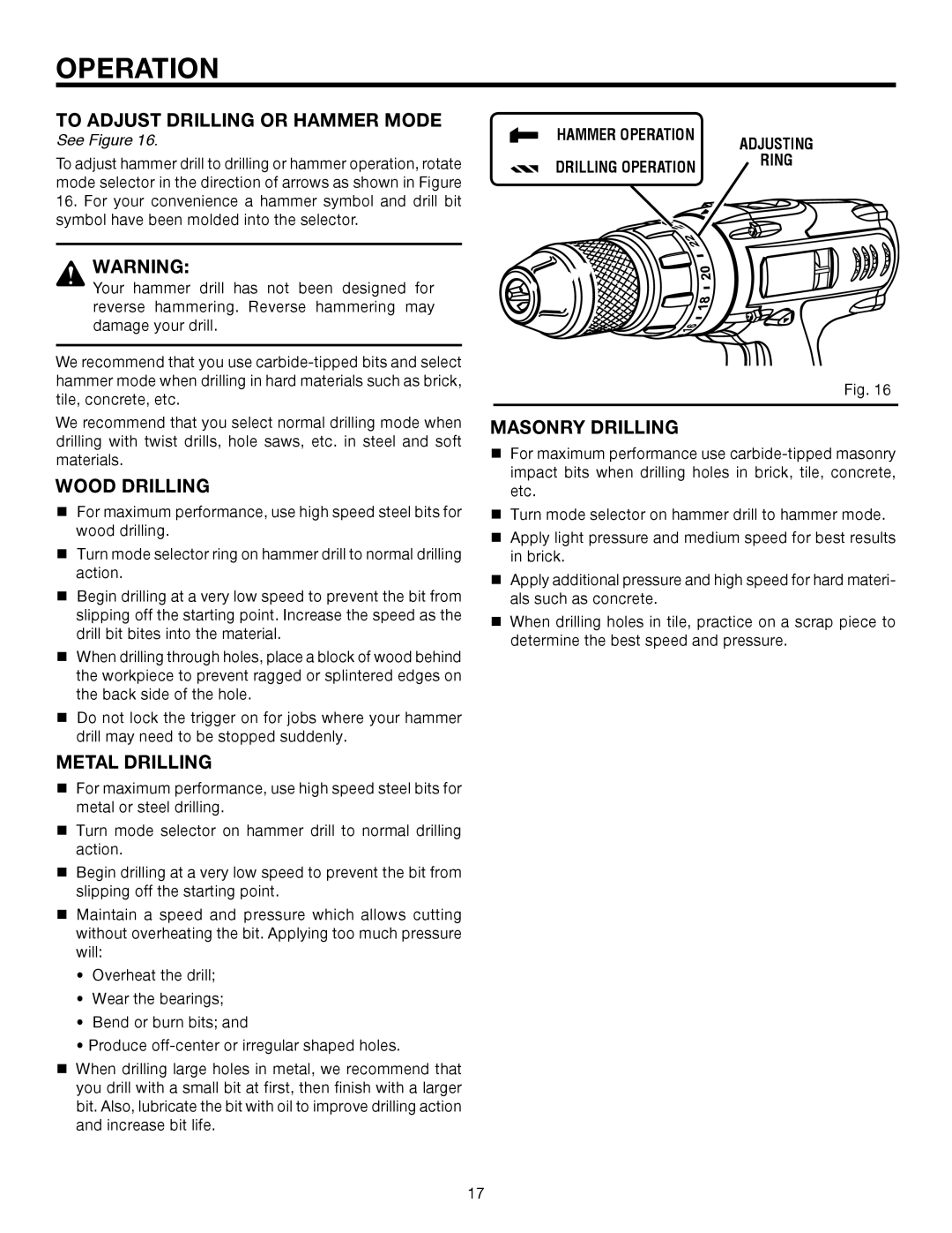 RIDGID R8411501 manual To Adjust Drilling or Hammer Mode, Wood Drilling, Metal Drilling, Masonry Drilling 