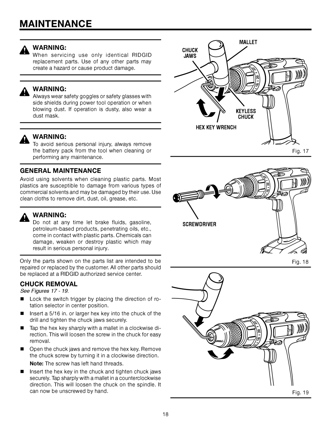 RIDGID R8411501 manual General Maintenance, Chuck Removal, Mallet Chuck Jaws Keyless HEX KEY Wrench Screwdriver 