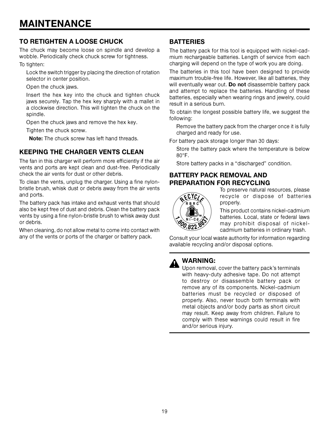 RIDGID R8411501 manual To Retighten a Loose Chuck, Keeping the Charger Vents Clean, Batteries 