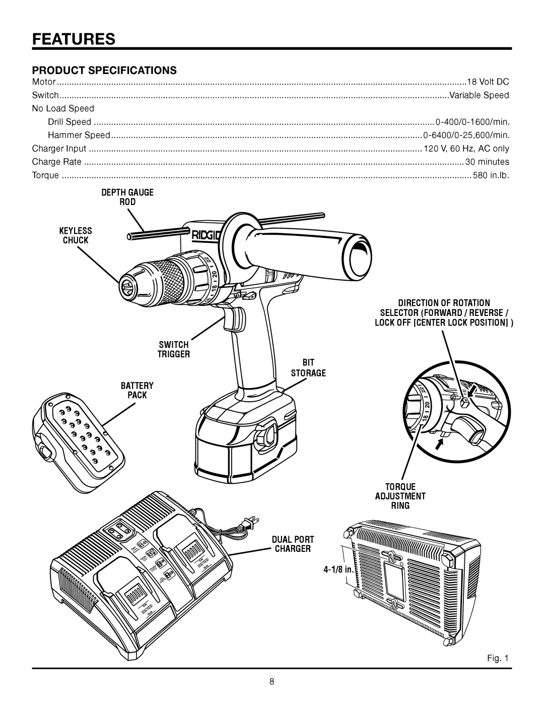 RIDGID R8411501 manual Features, Product Specifications, Depth Gauge ROD Keyless Chuck 