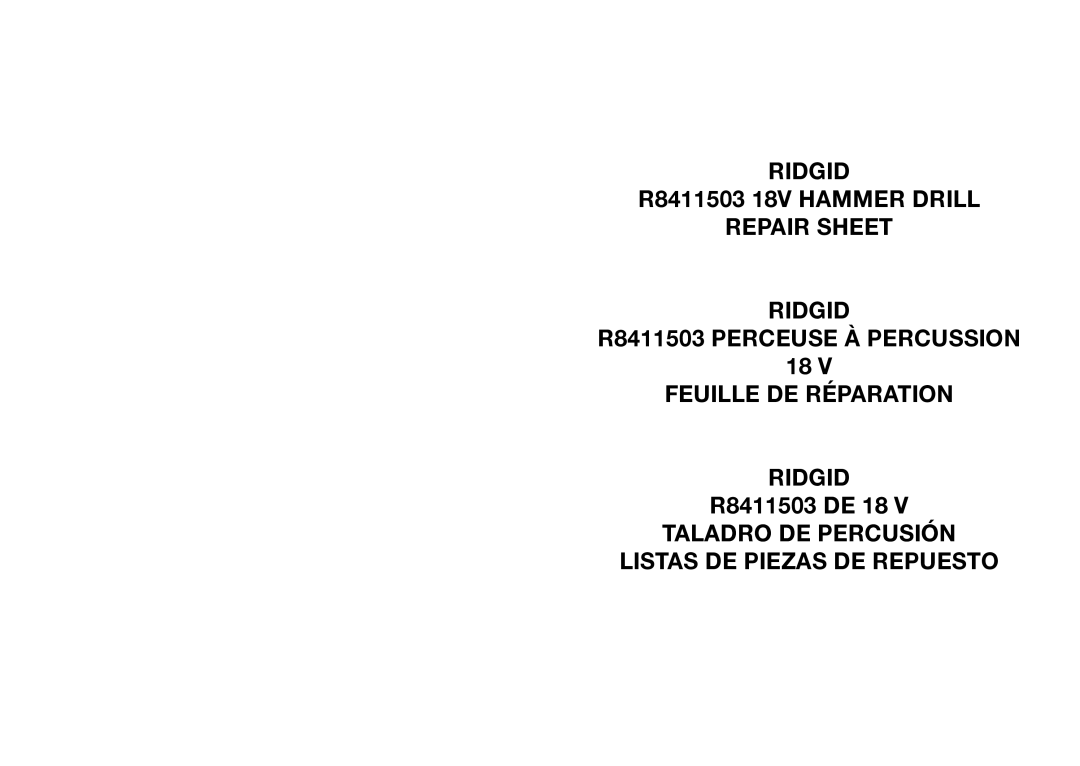 RIDGID manual Ridgid R8411503 18V Hammer Drill Repair Sheet 