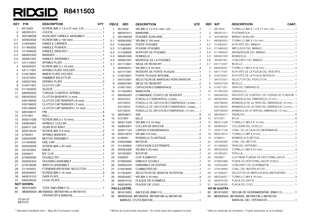 RIDGID R8411503 18V manual KEY P/N Description QTY Pièce RÉF QTÉ REF. N/P Descripción, Cant 