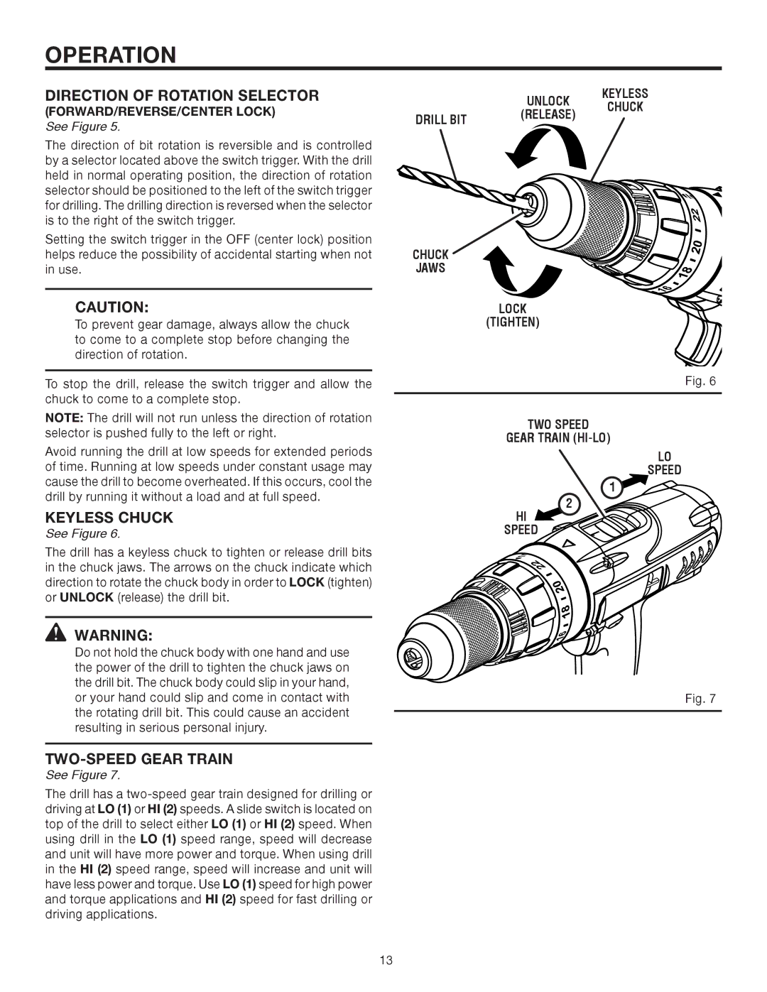 RIDGID R8411503 manual Drill BIT, Chuck Jaws Lock Tighten TWO Speed Gear Train HI-LO HI Speed 