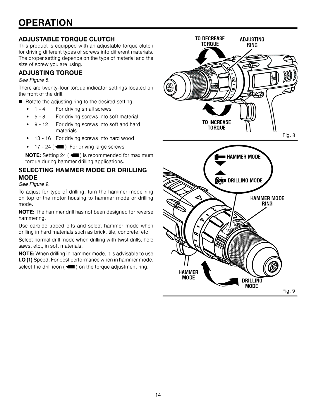 RIDGID R8411503 manual Adjustable Torque Clutch, Adjusting Torque, Selecting Hammer Mode or Drilling Mode 