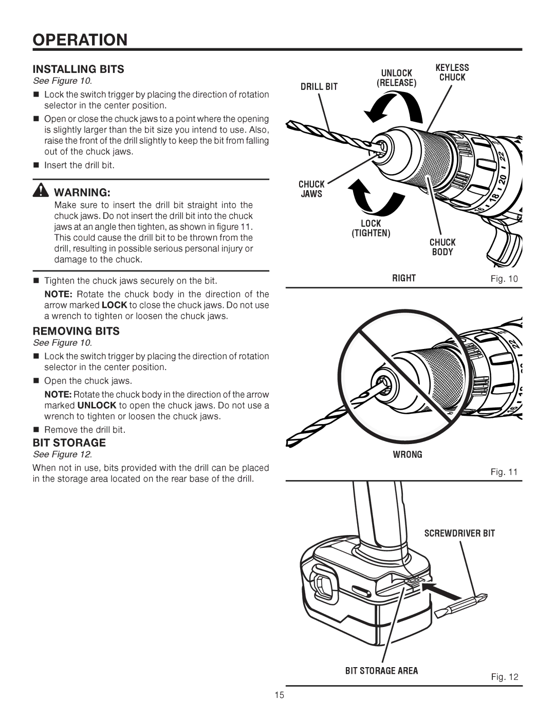 RIDGID R8411503 manual Installing Bits, Removing Bits 