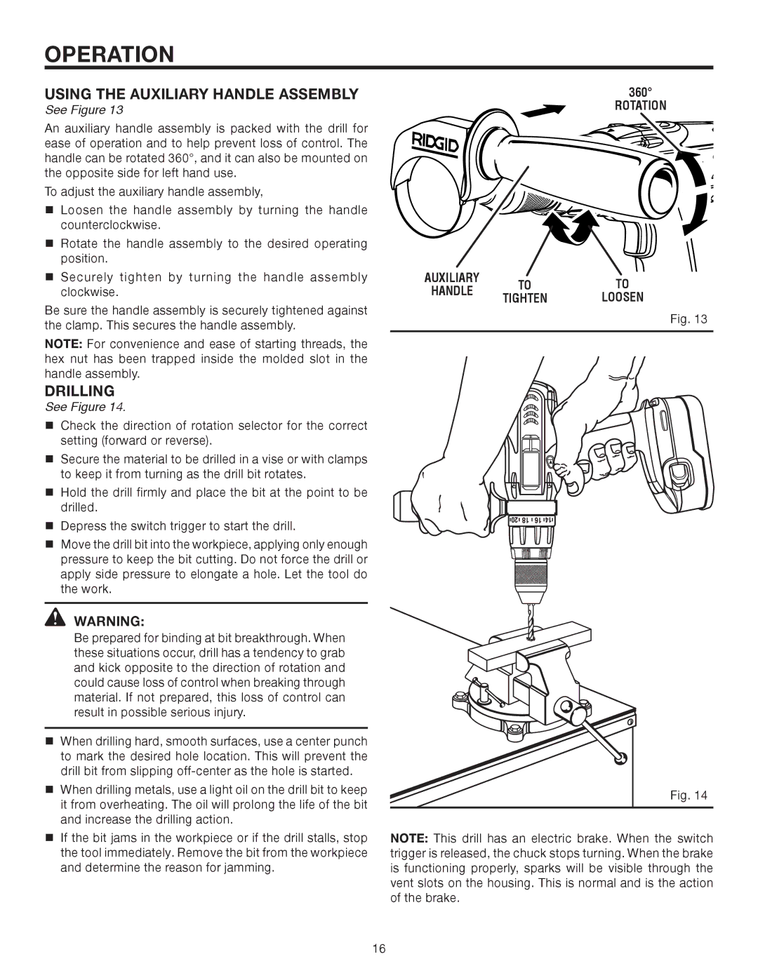 RIDGID R8411503 manual Using the Auxiliary Handle Assembly, Drilling, Rotation 