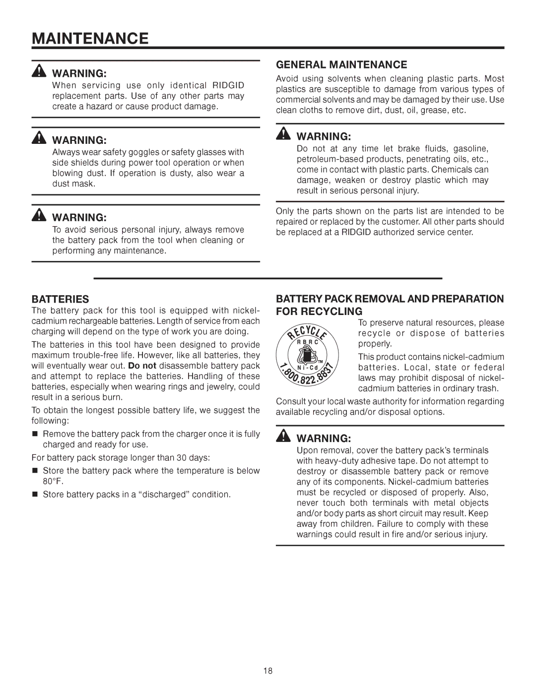 RIDGID R8411503 manual General Maintenance, Batteries, Battery Pack Removal and Preparation for Recycling 