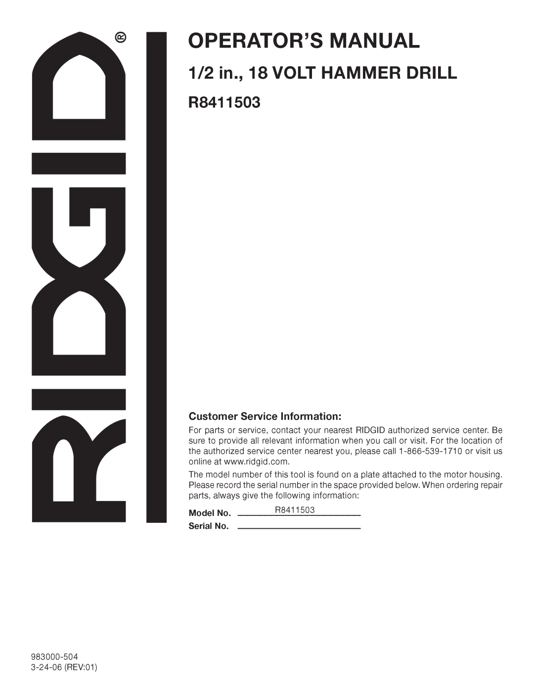 RIDGID R8411503 manual Customer Service Information 