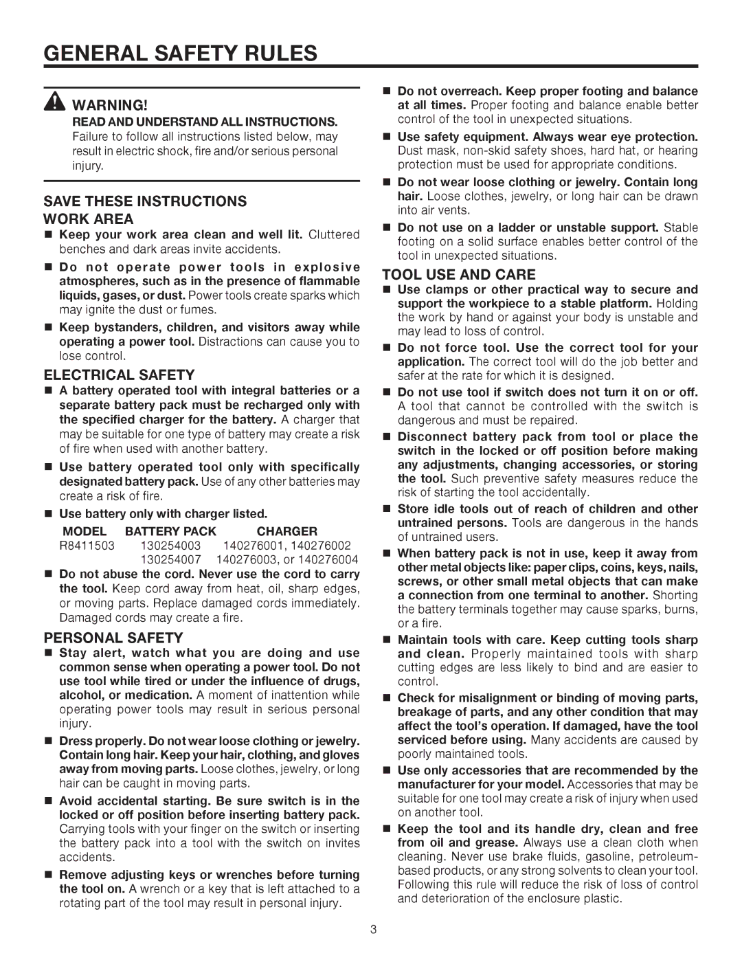 RIDGID R8411503 manual General Safety Rules, Work Area, Electrical Safety, Personal Safety, Tool USE and Care 