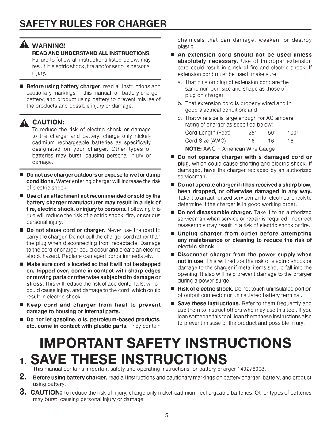 RIDGID R8411503 manual Important Safety Instructions, Safety Rules for Charger 