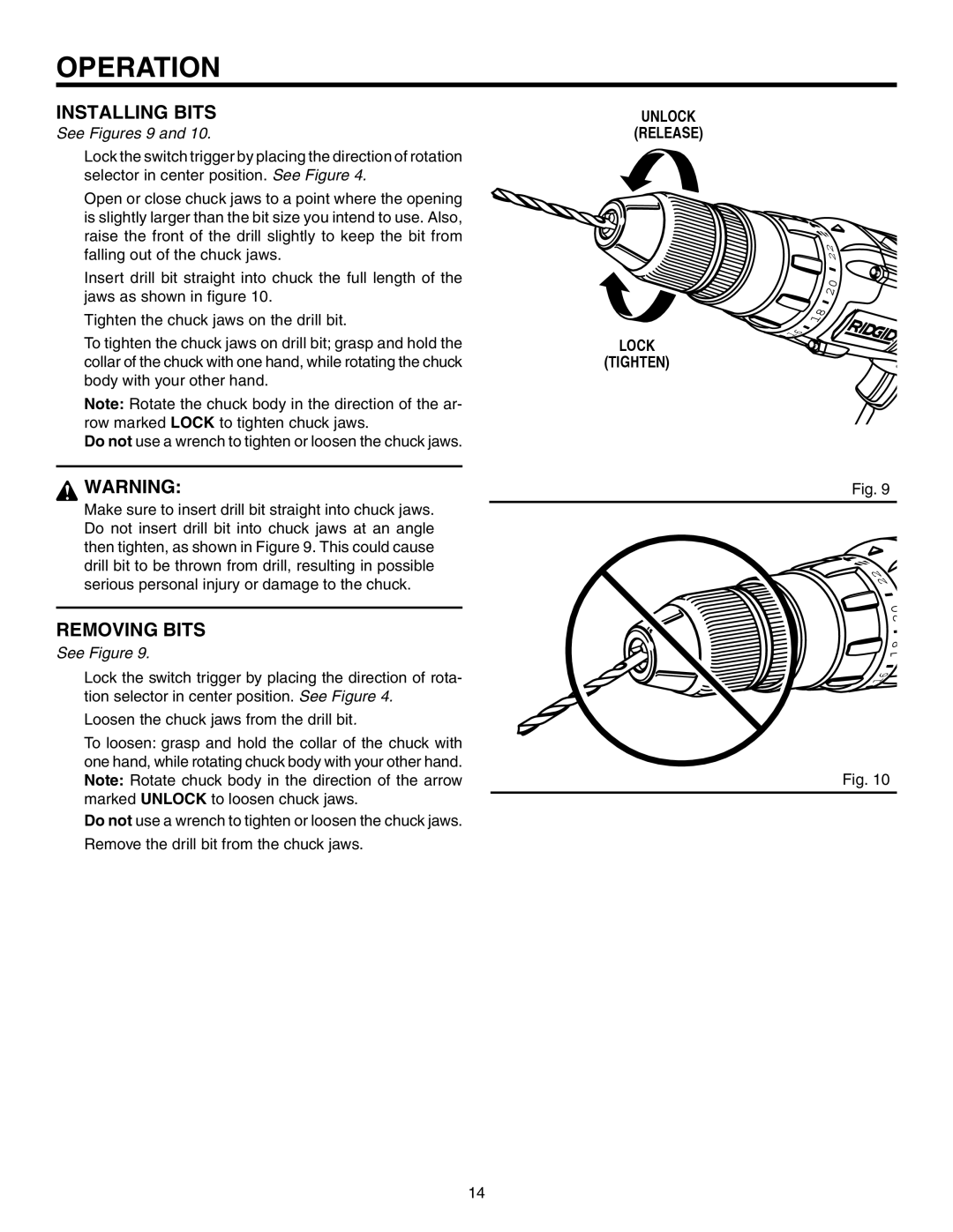 RIDGID R841151 manual Installing Bits, Removing Bits 