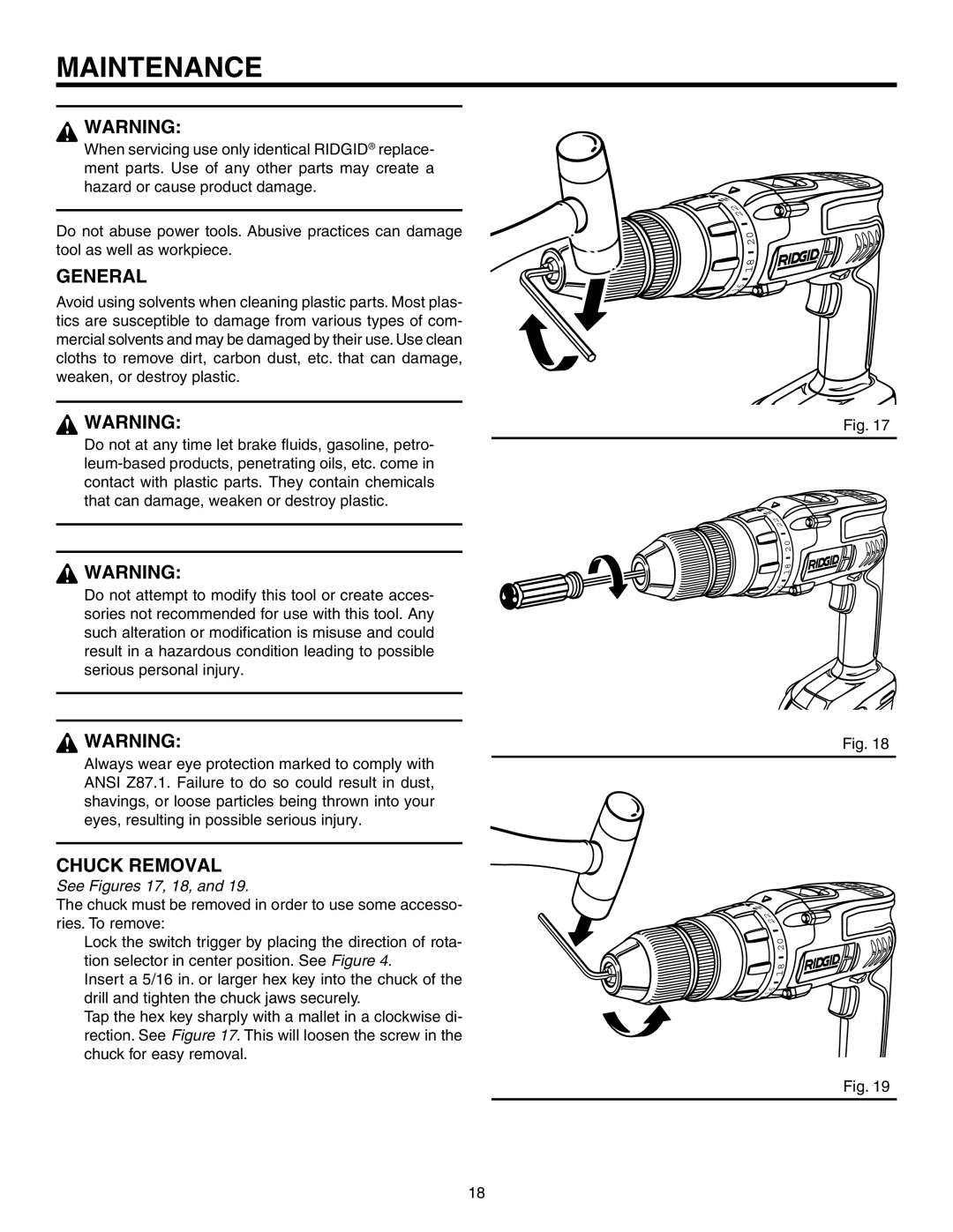 RIDGID R841151 manual Maintenance, General, Chuck Removal 