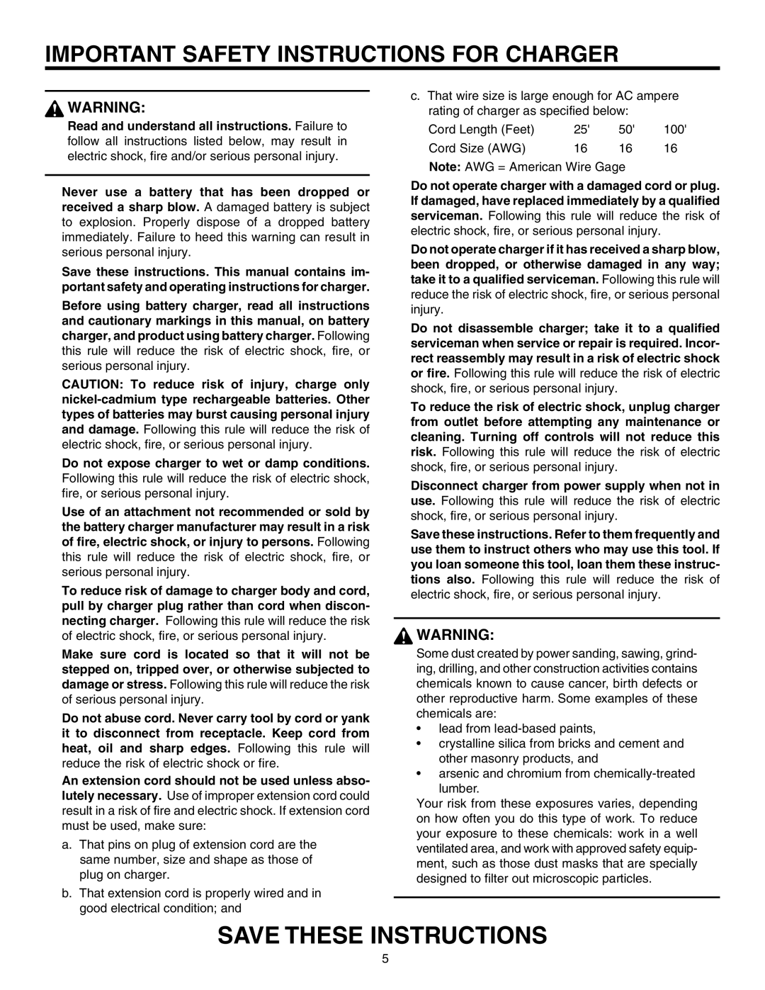 RIDGID R841151 manual Important Safety Instructions for Charger 