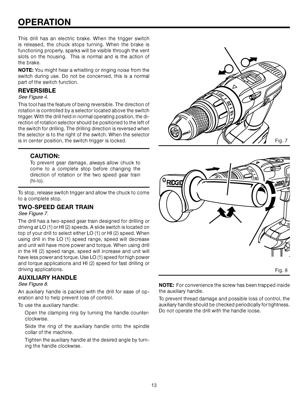 RIDGID R8411511 manual Reversible, TWO-SPEED Gear Train, TWO Speed Gear Train HI-LO, Auxiliary Handle To Tighten, Rotation 