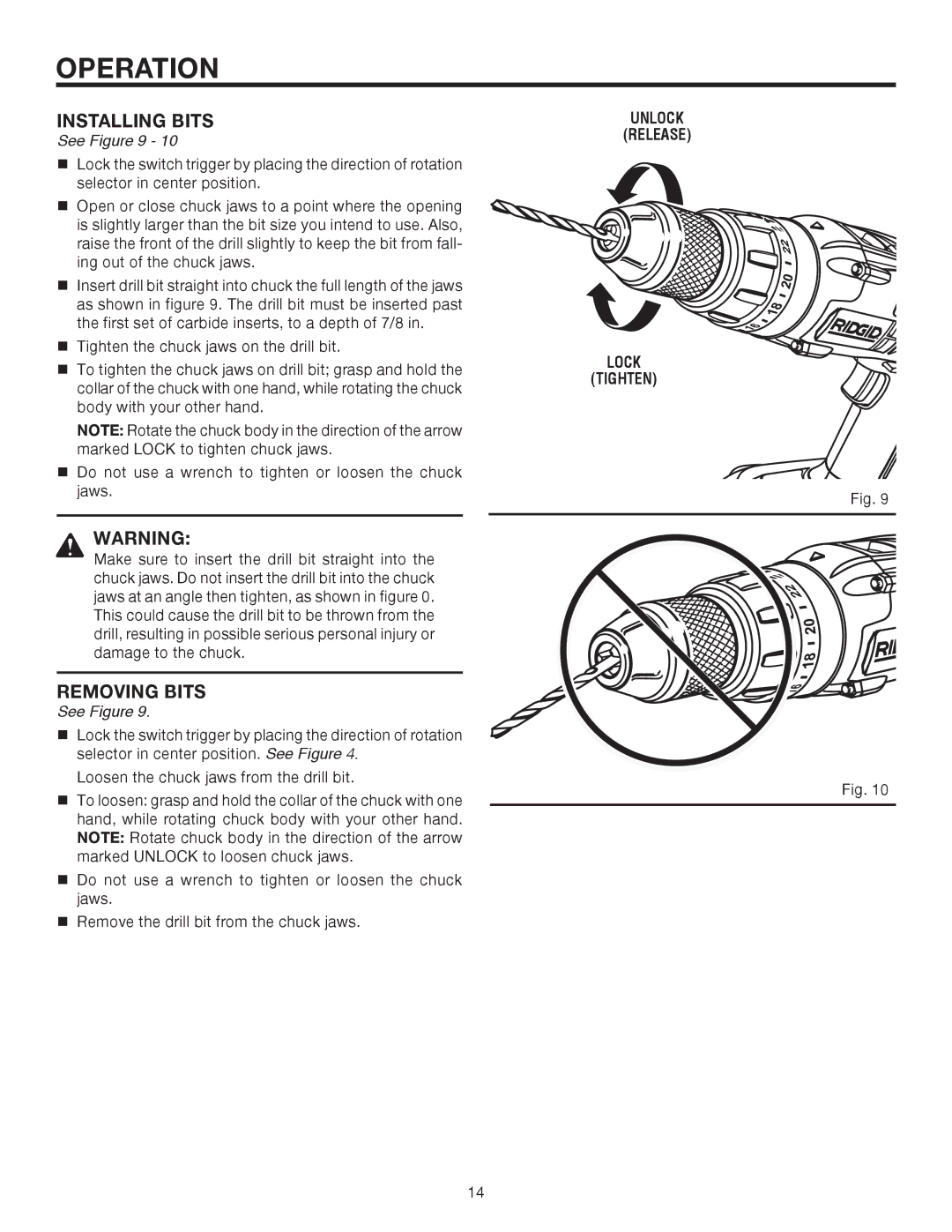 RIDGID R8411511 manual Installing Bits, Removing Bits 