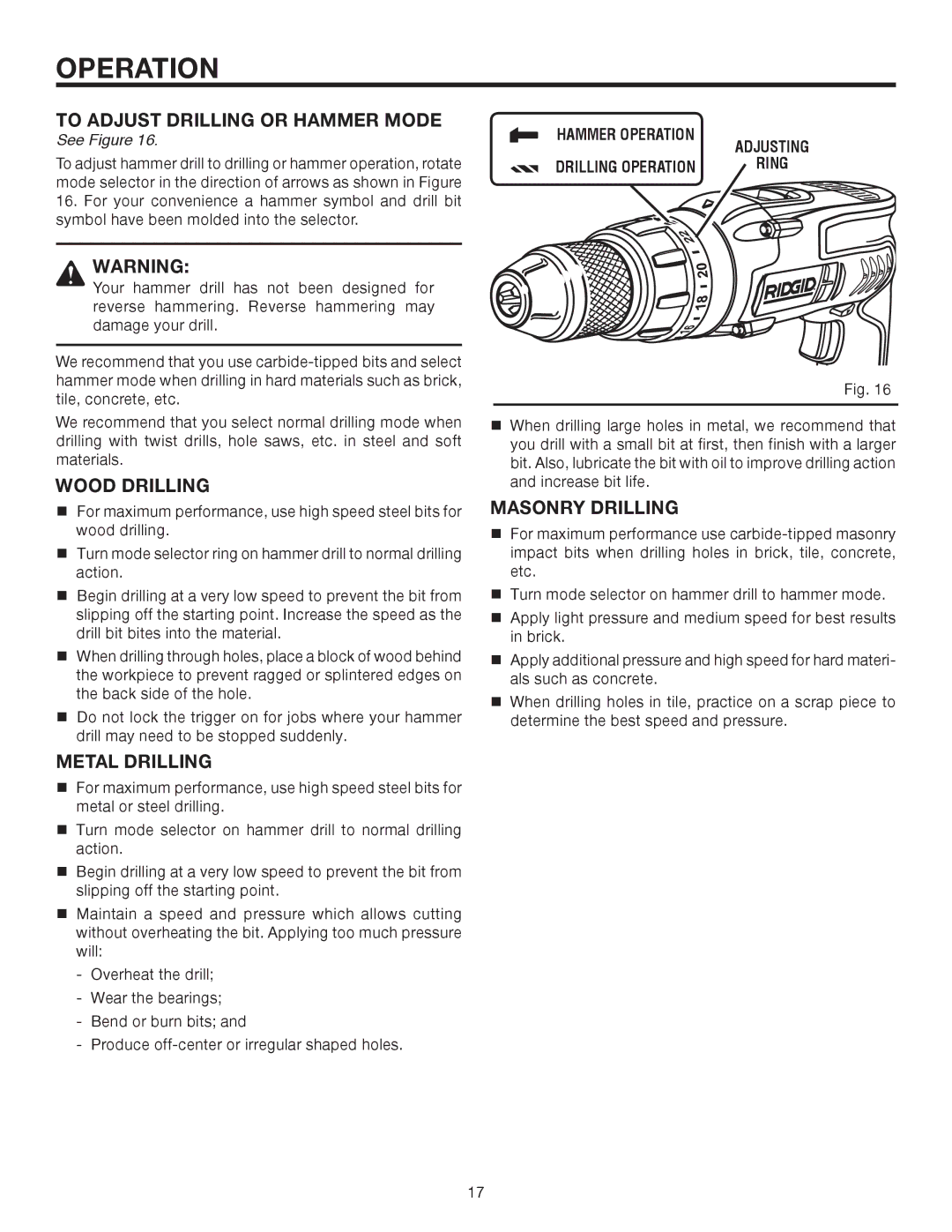 RIDGID R8411511 manual To Adjust Drilling or Hammer Mode, Wood Drilling, Metal Drilling, Masonry Drilling 