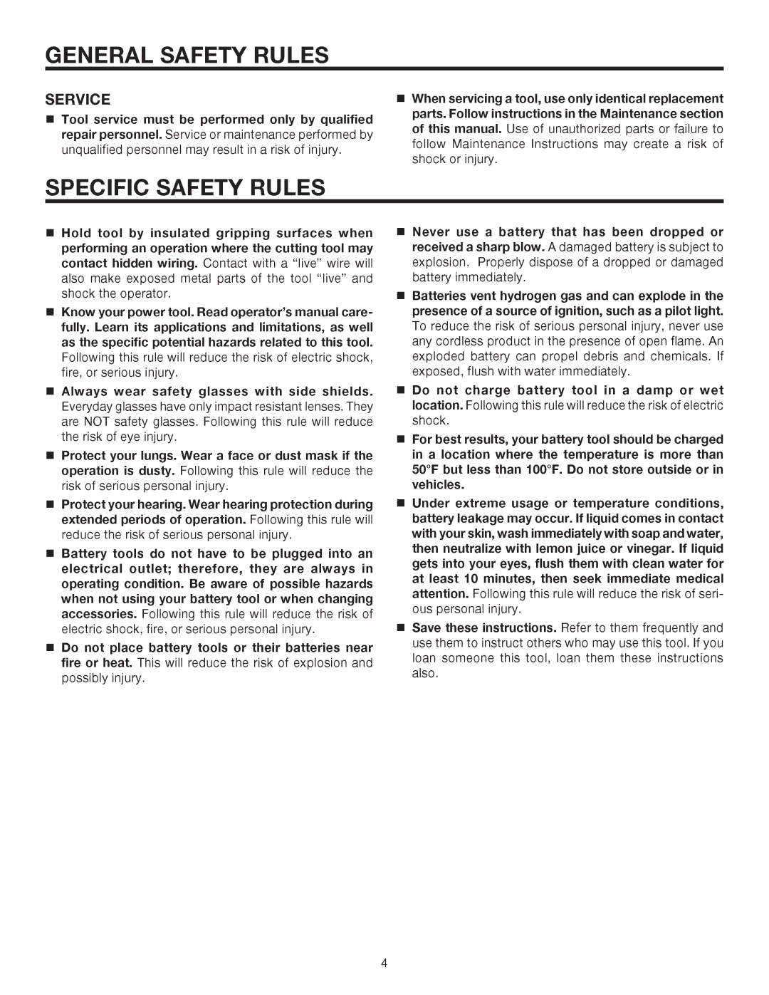 RIDGID R8411511 manual Specific Safety Rules, Service 