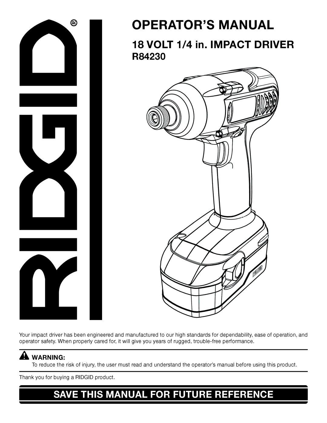 RIDGID R84230 manual OPERATOR’S Manual 