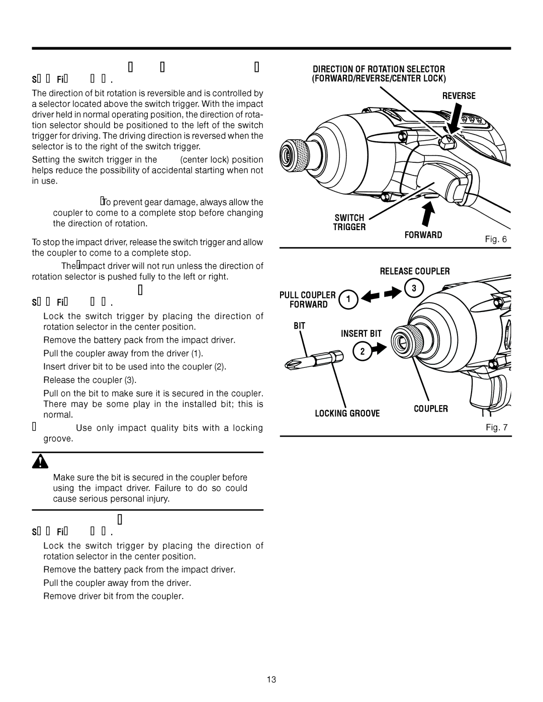 RIDGID R84230 manual Installing Bits, Removing Bits, Reverse, Forward, BIT Insert BIT Locking Groove 