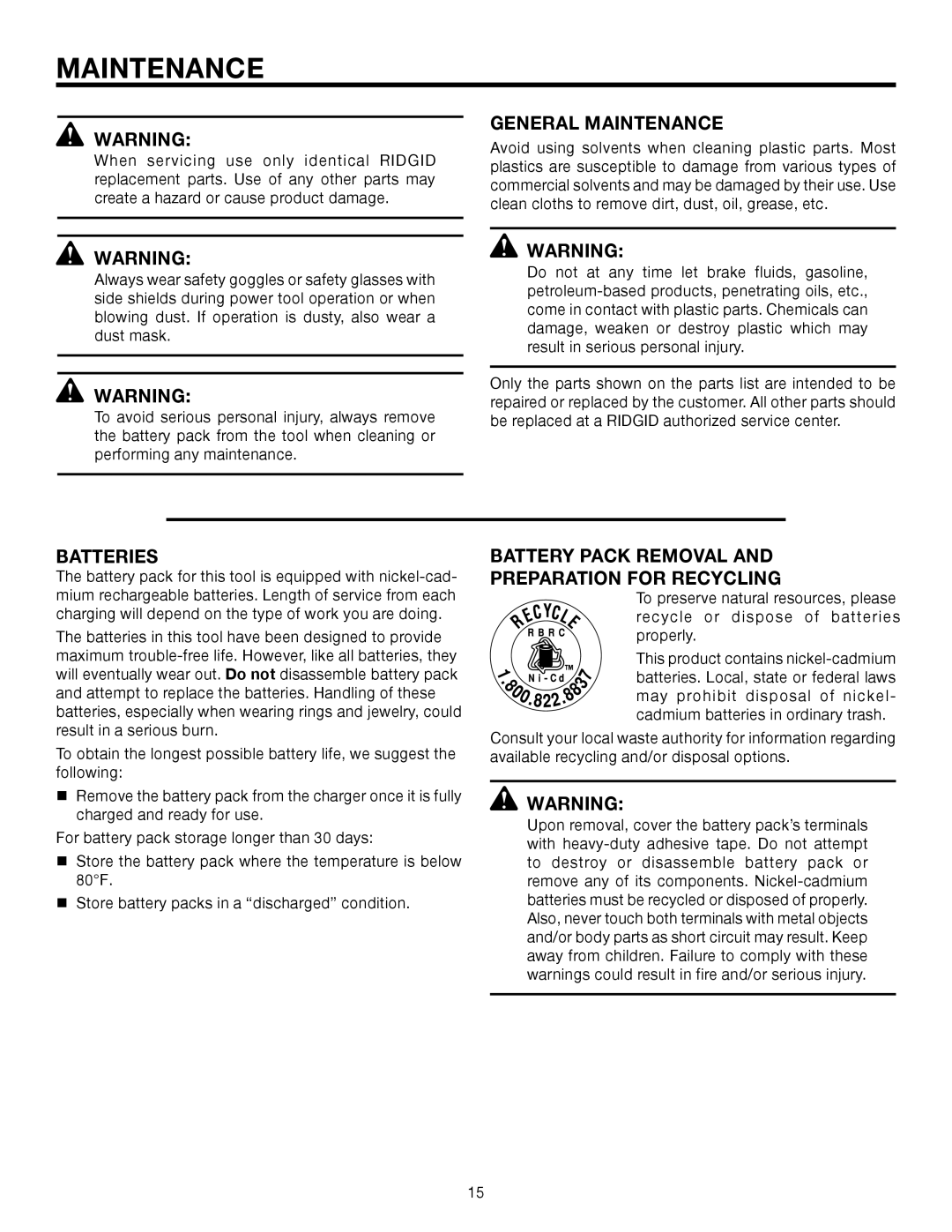 RIDGID R84230 manual General Maintenance, Batteries, Battery Pack Removal Preparation for Recycling 