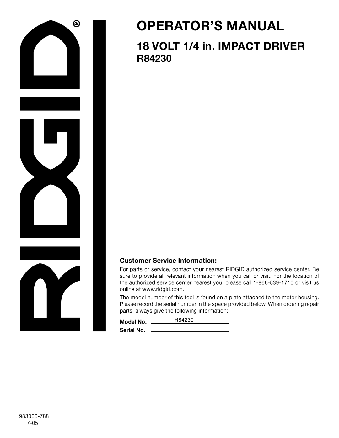 RIDGID R84230 manual Customer Service Information 