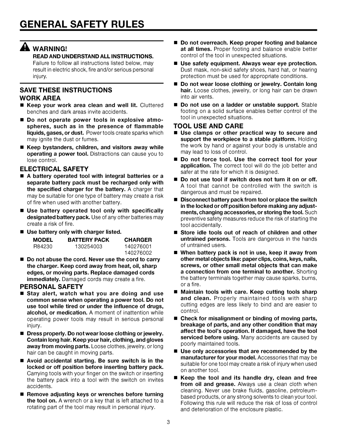 RIDGID R84230 manual General Safety Rules, Work Area, Electrical Safety, Personal Safety, Tool USE and Care 