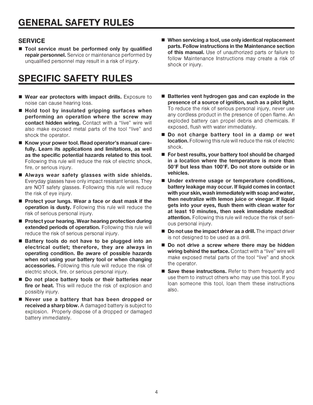 RIDGID R84230 manual Specific Safety Rules, Service 